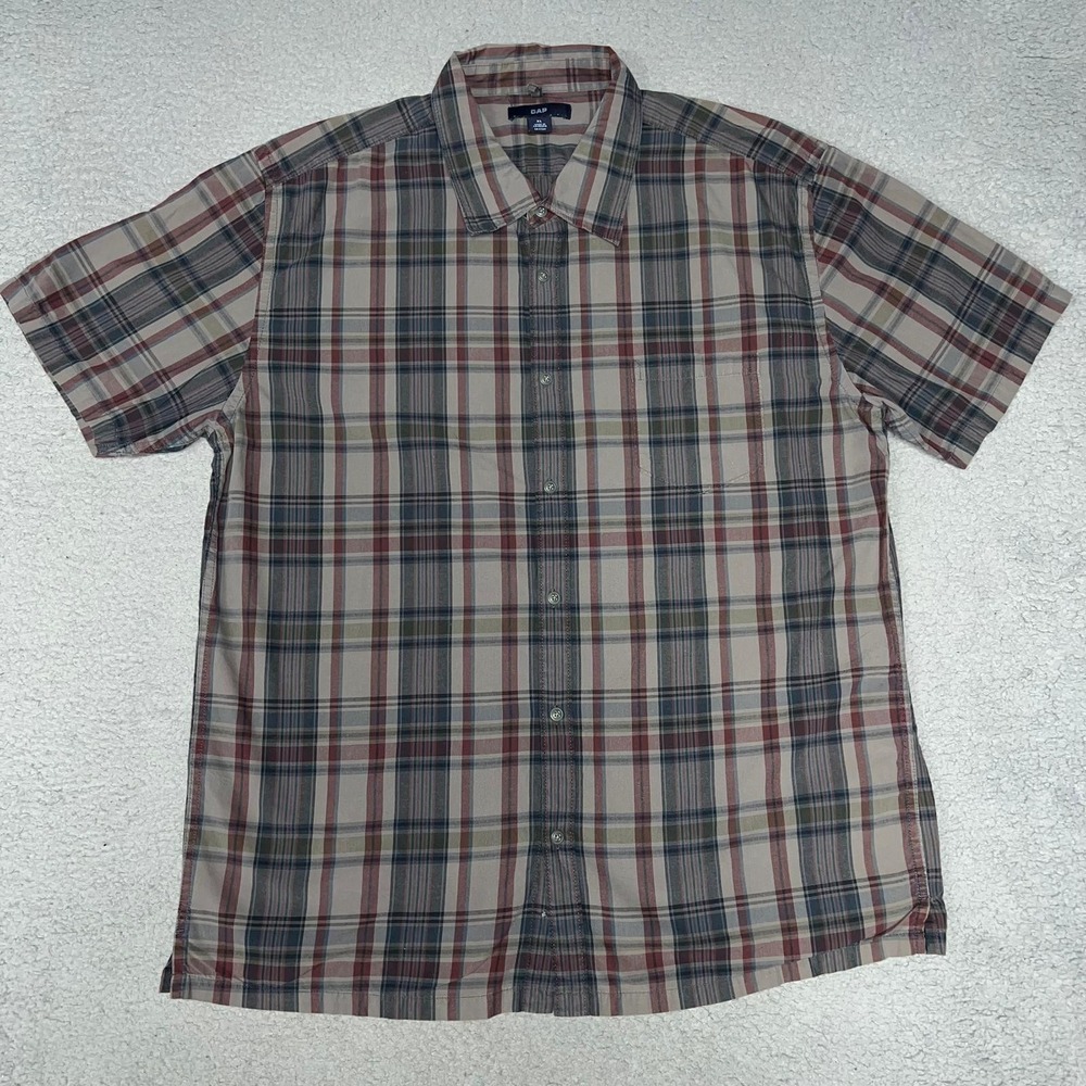 VTG Gap Shirt Men's Size XL Brown Red Plaid Short Sleeve Button Down Y2k
